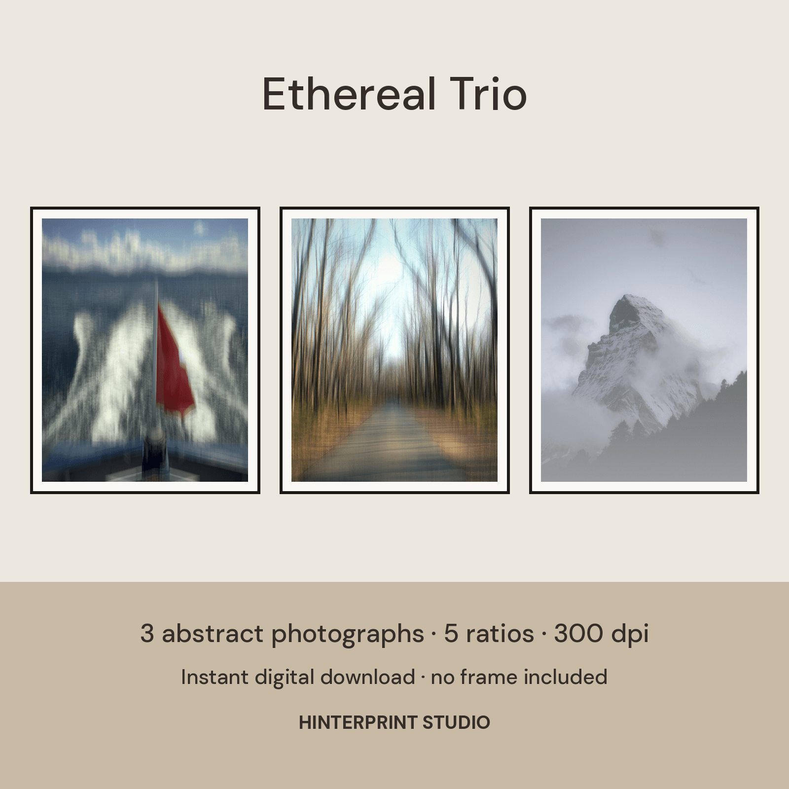 Three framed abstract pieces: a blurred boat wake with a red flag, a tree-lined path in vertical blur, and the Matterhorn half hidden in mist.