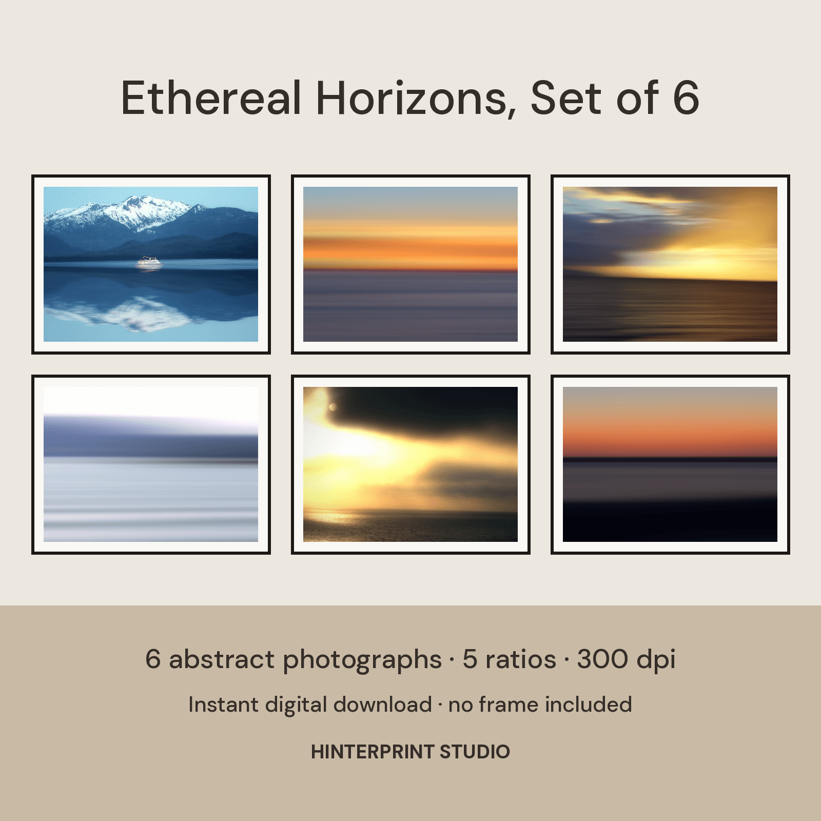 Six framed abstract horizons: a ferry below mirrored snowy peaks, bands of orange sunset, gold light through dark cloud, and pale blue stripes of water.