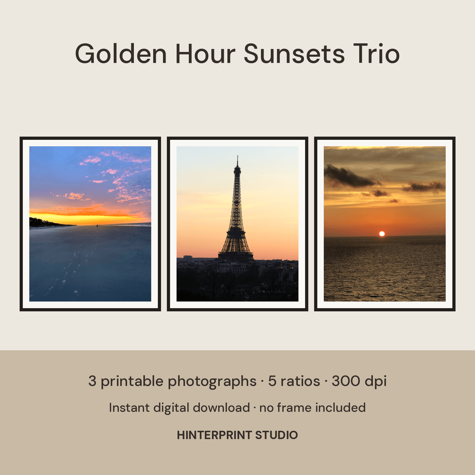 Three framed sunset photographs: footprints on a beach at dusk, the Eiffel Tower against a peach sky, and the sun setting over open water.