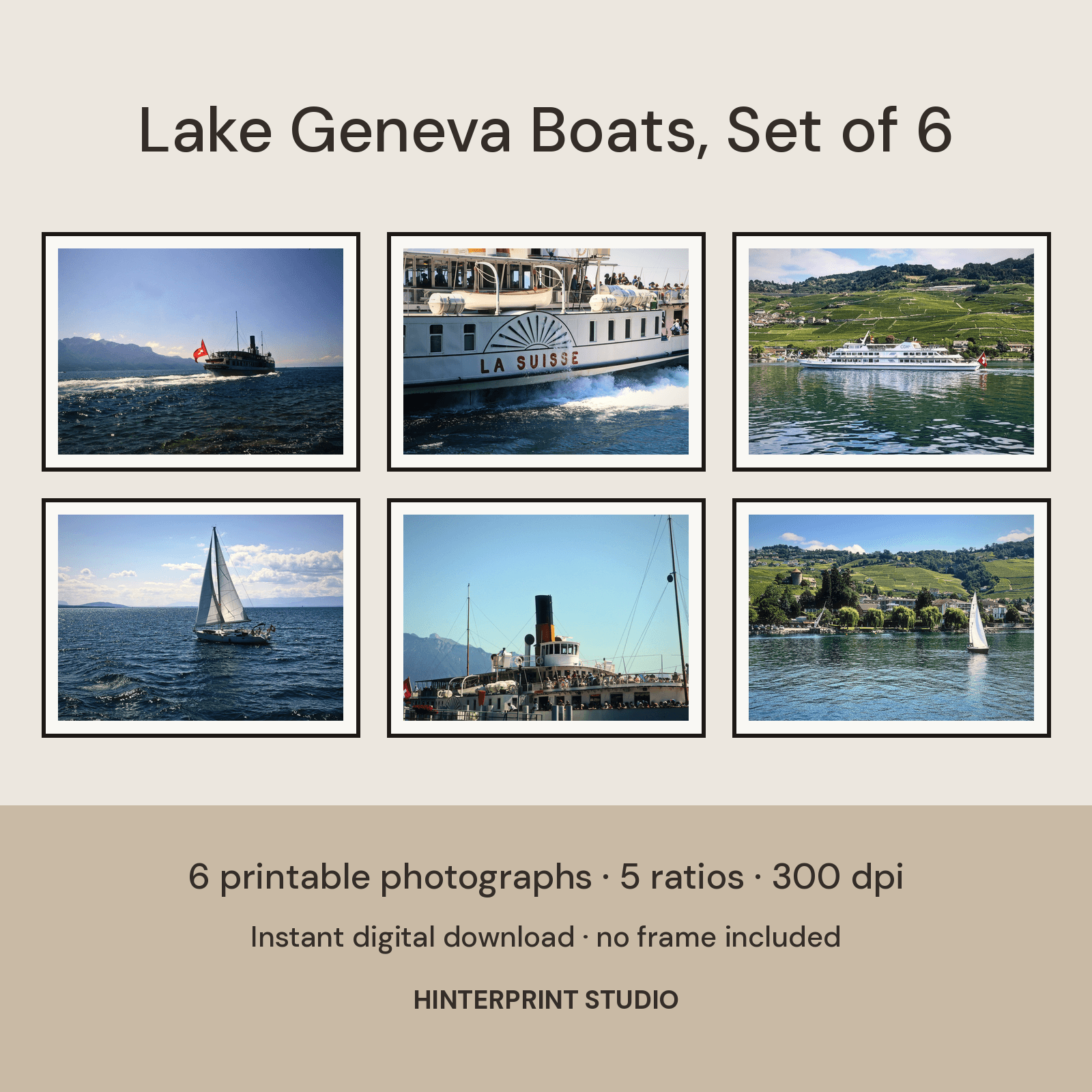 Six framed photographs from Lake Geneva: paddle steamers, a white ferry below vineyard terraces, and sailboats on blue water.