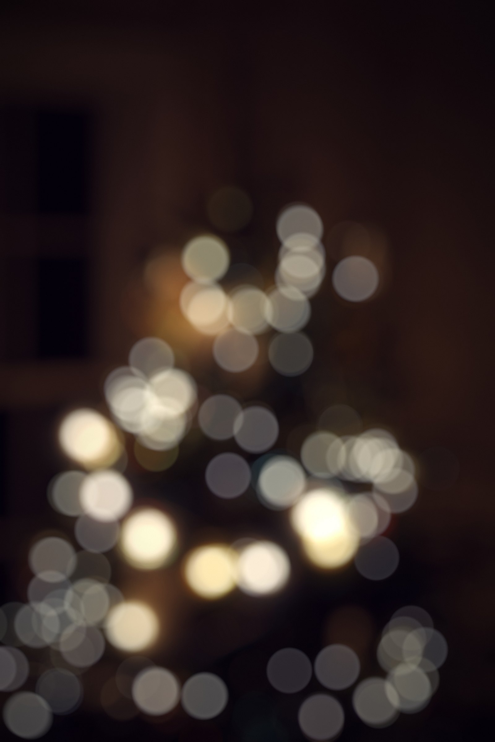 Christmas tree lights dissolved into overlapping golden orbs on black.