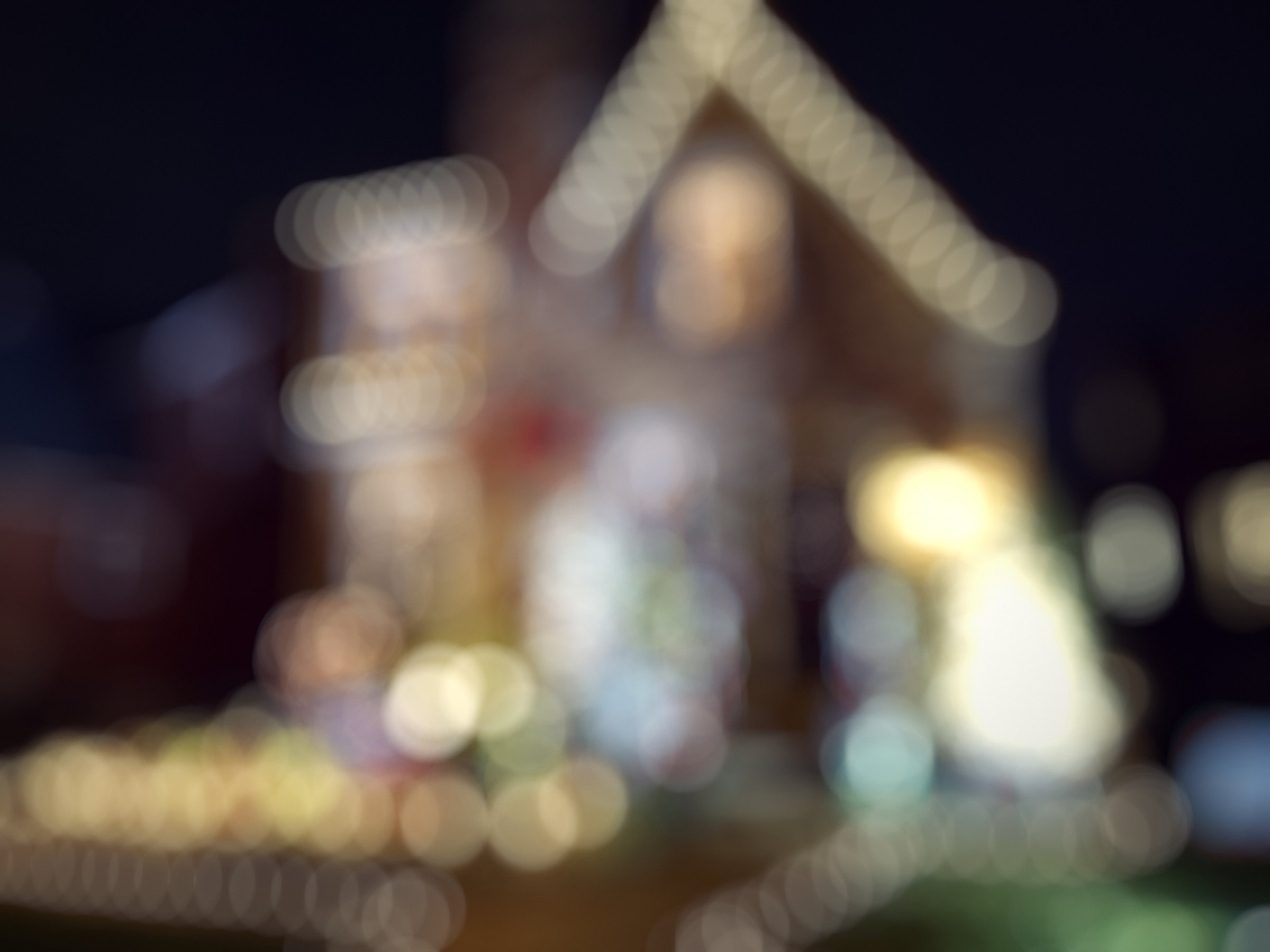 A house covered in holiday lights blurred into warm bokeh.