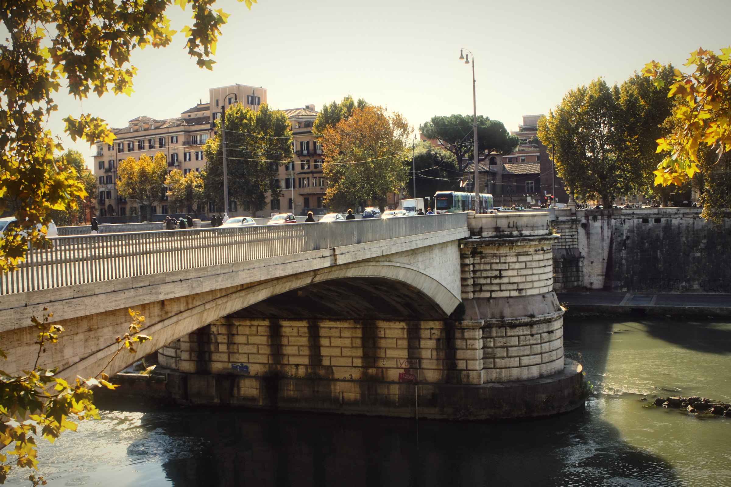 A bridge over the Tiber in strong afternoon light with leaves at the edge.