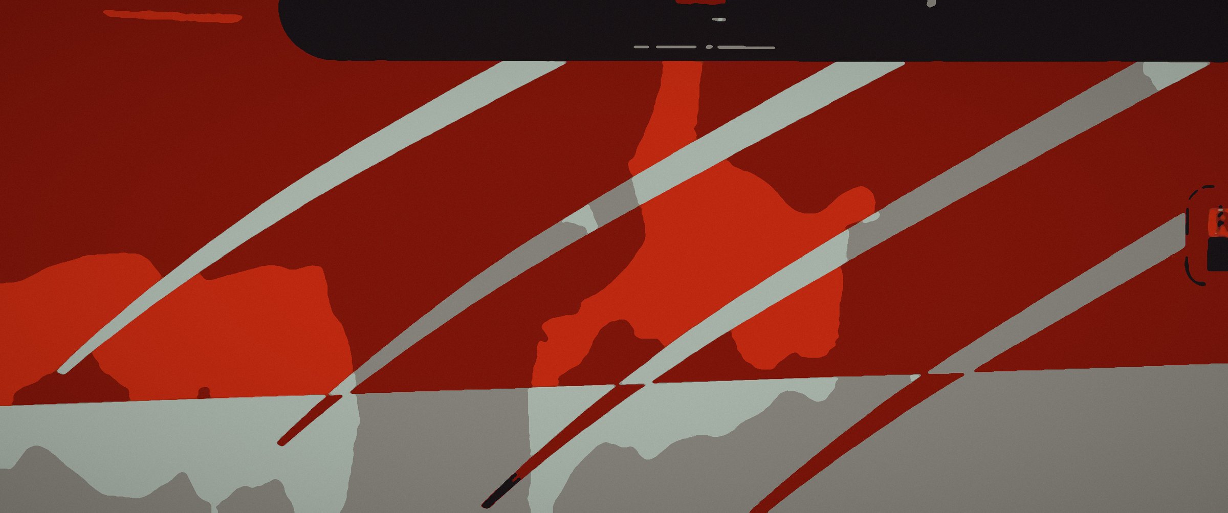 Abstract poster of red and grey train livery crossed by pale curved stripes.