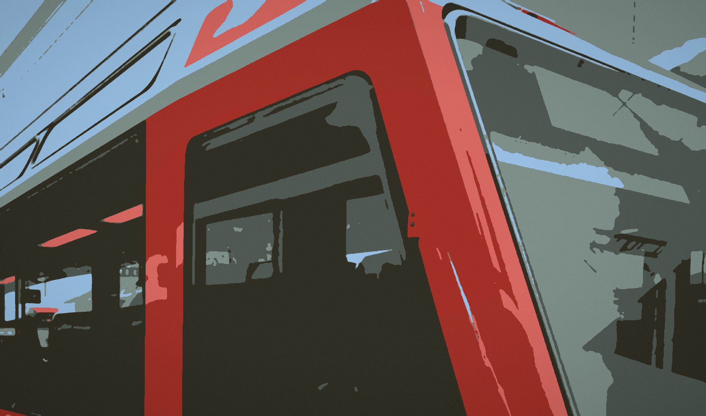Flat-colour abstract of a red train door and window in grey and slate.