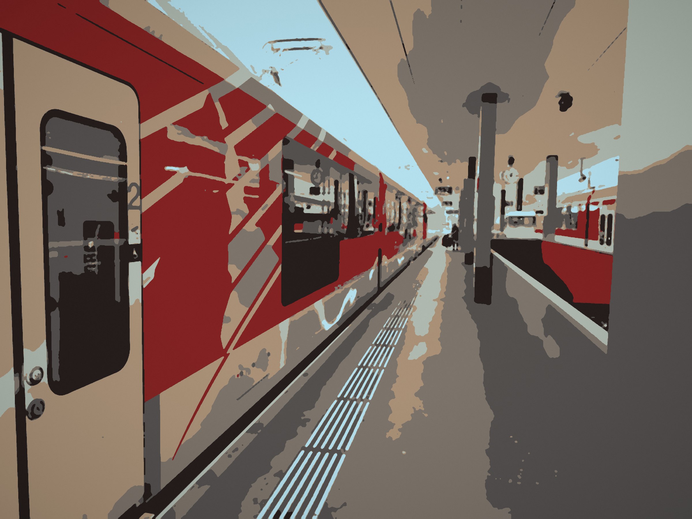 Posterized platform view with a red train on the left and a long canopy vanishing ahead.