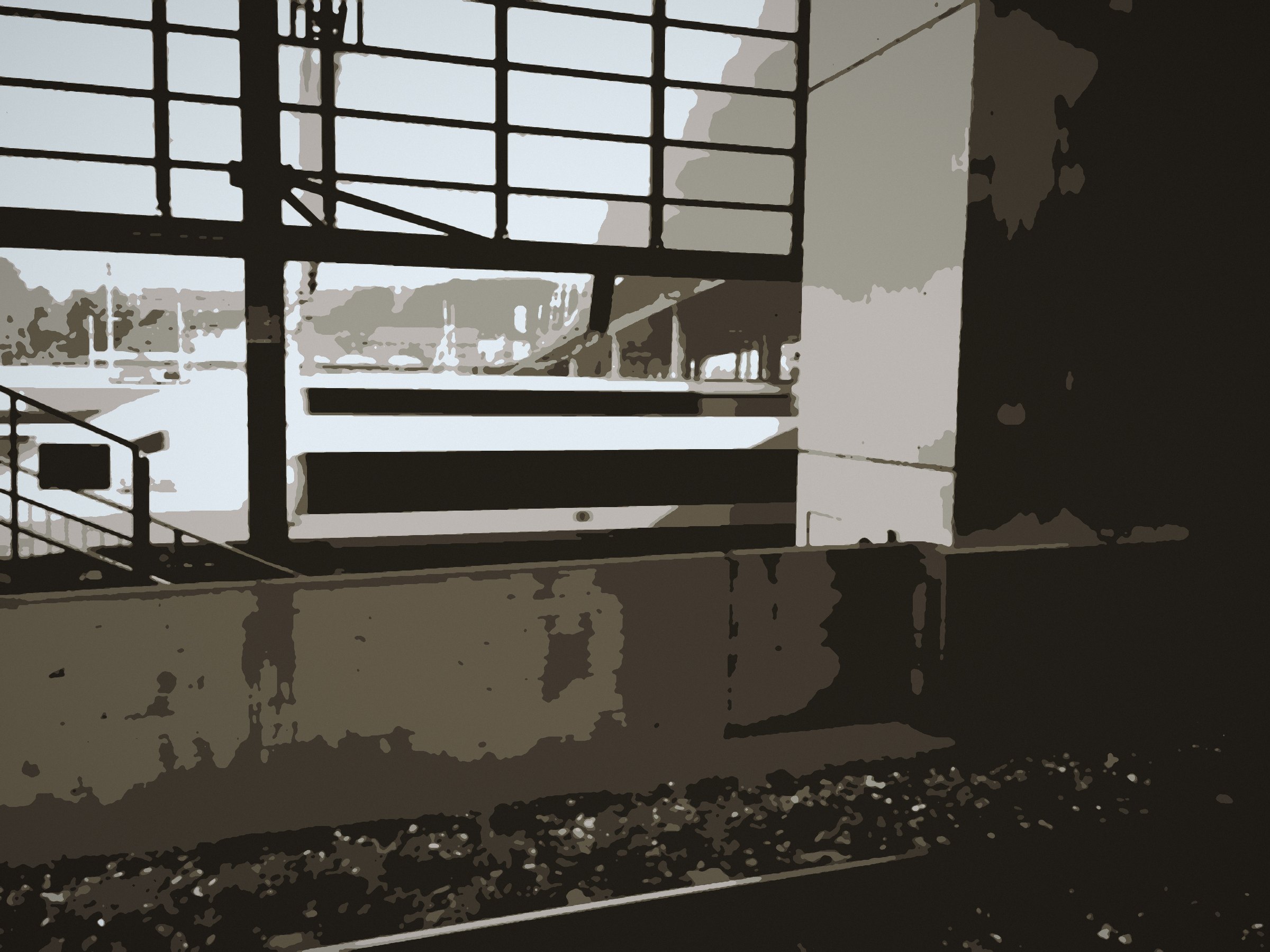 Posterized view through a window frame onto railings and platform in brown and cream.