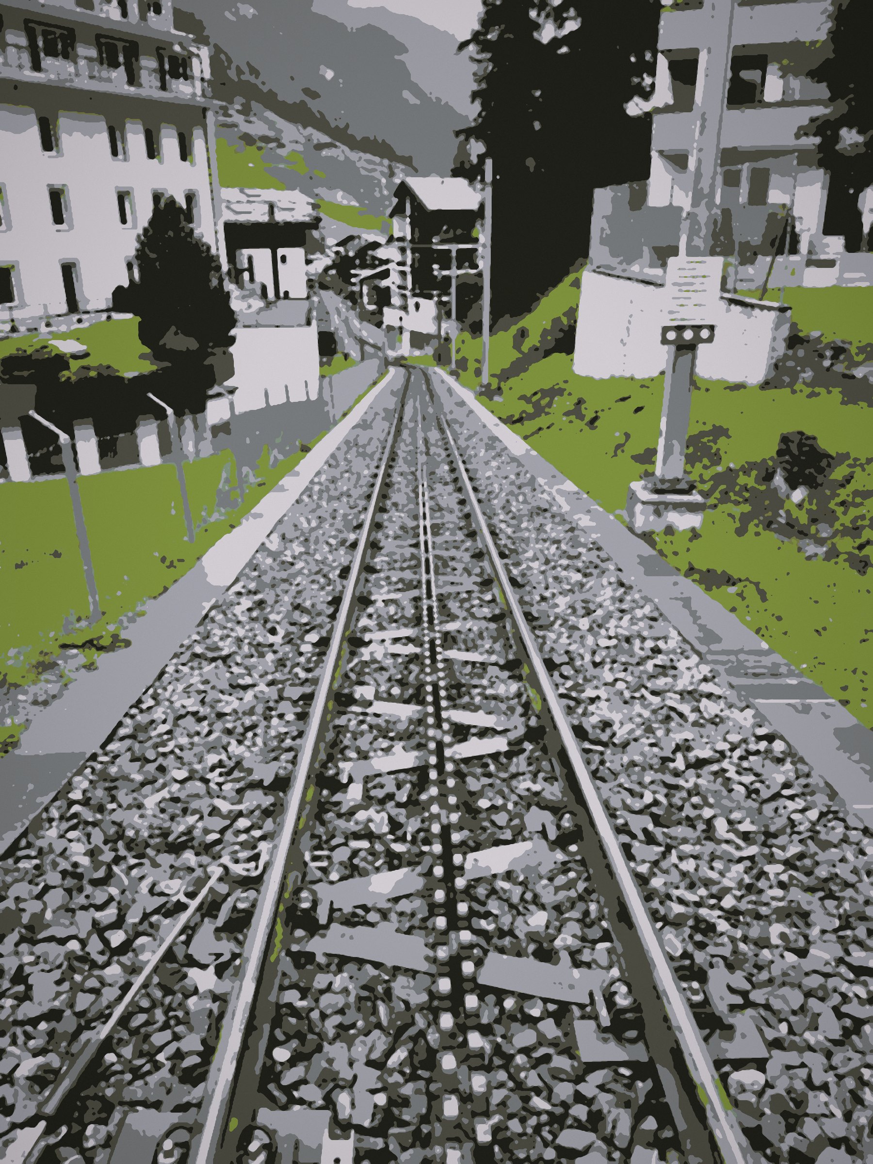 Posterized rack railway track running straight up between green meadows and chalets.