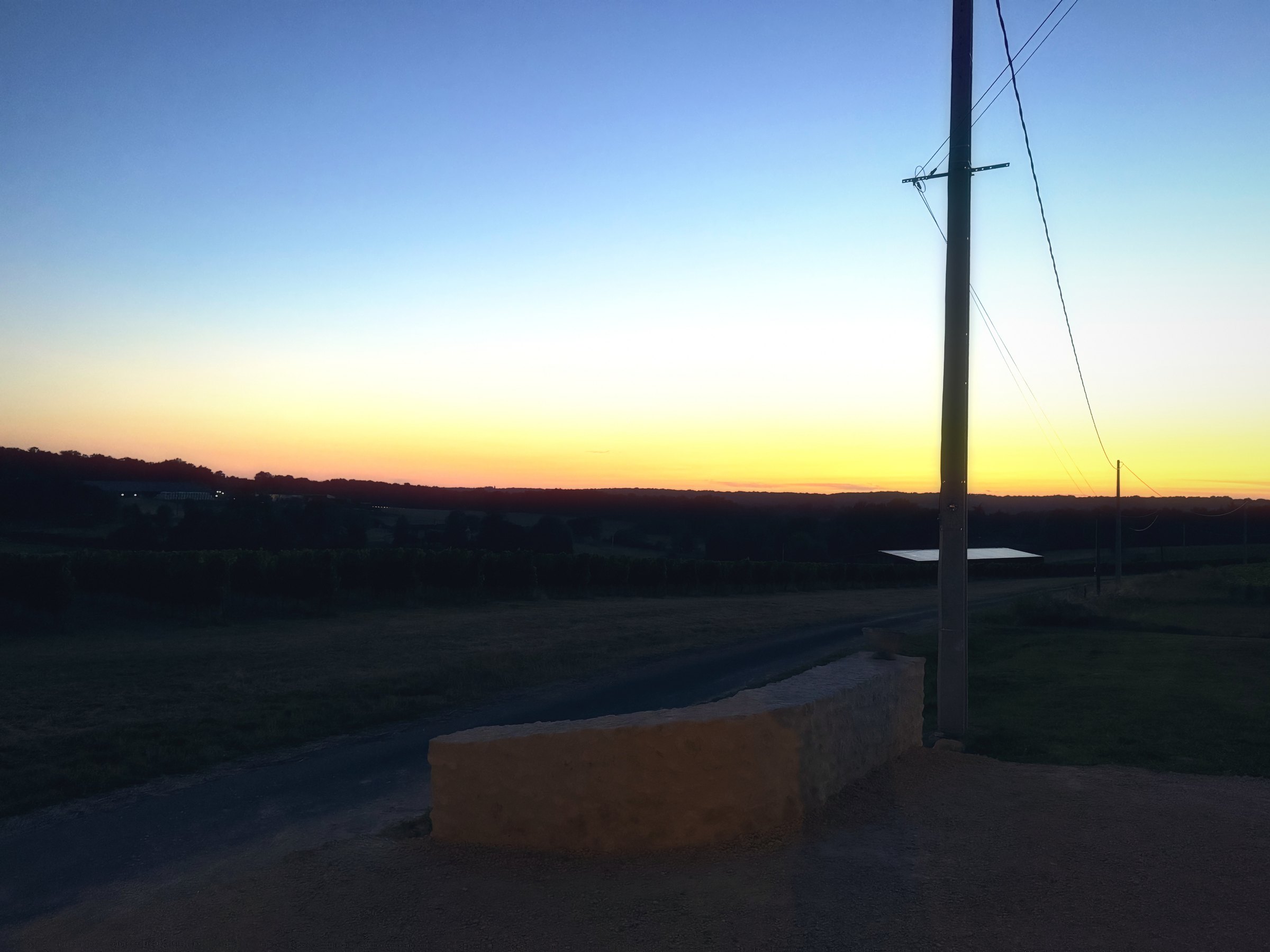 A wooden utility pole and dark hedgerow silhouetted against a gradient from orange to deep blue.