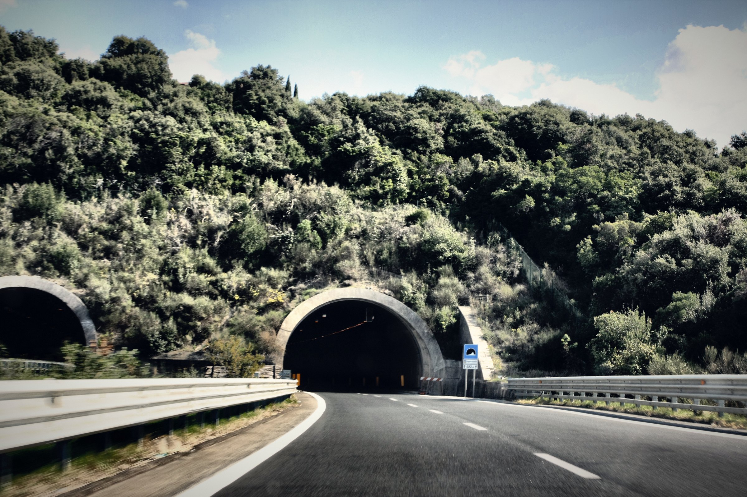 A highway running into a tunnel portal set in a wooded green hillside.