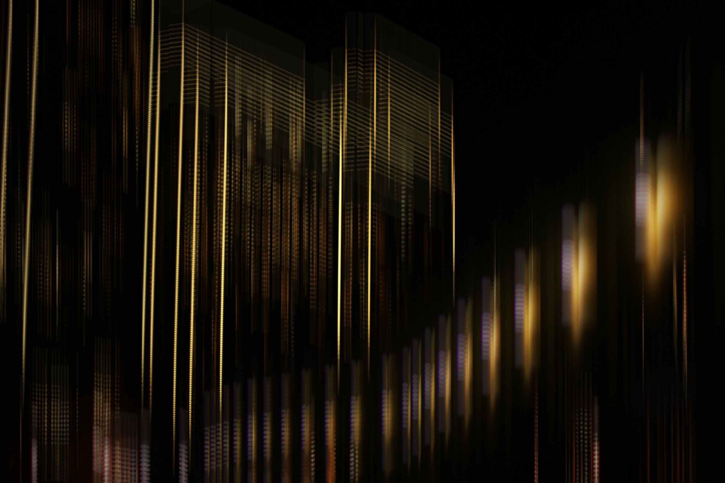 Thin vertical lines of gold light on black.