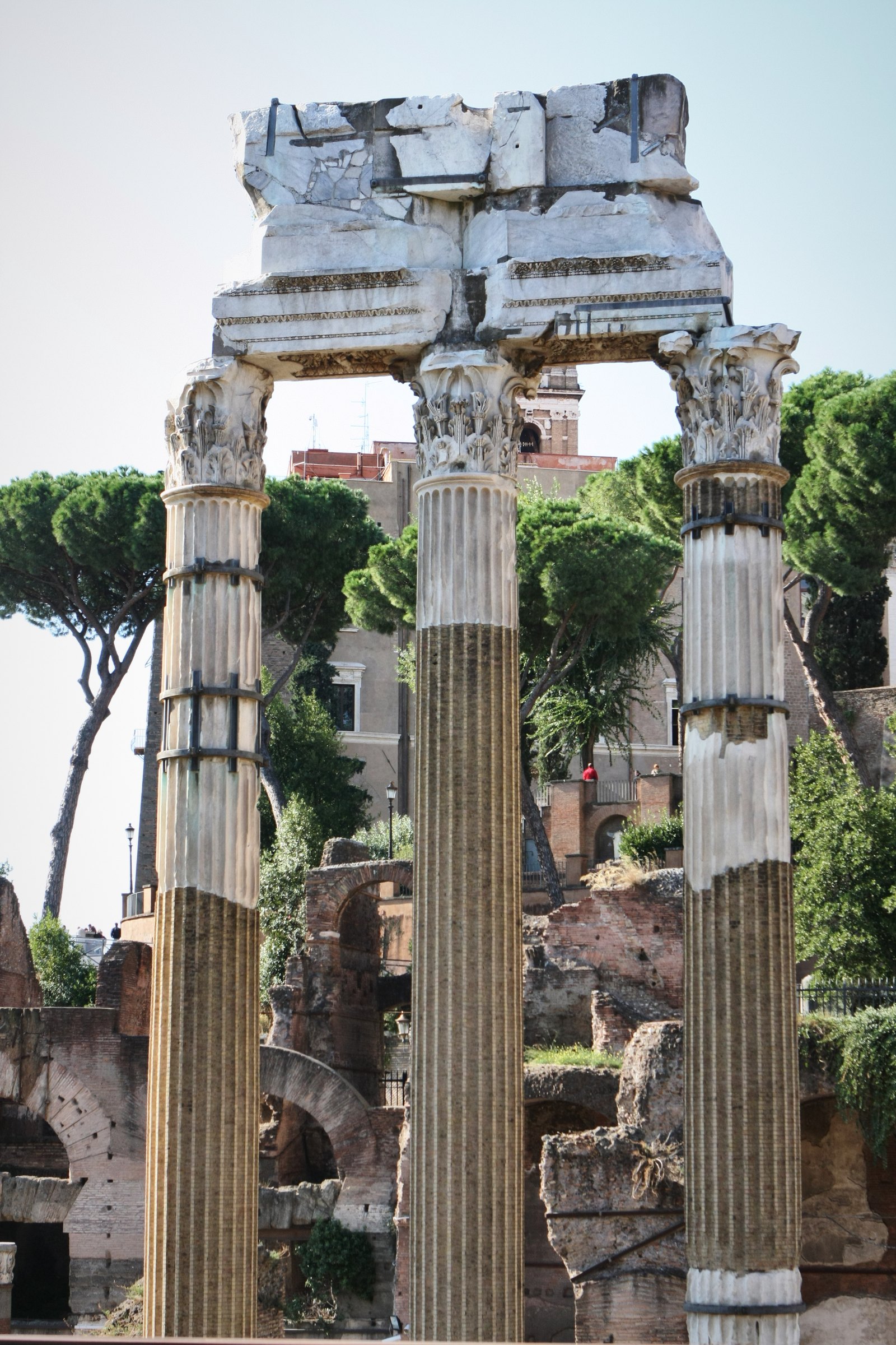Three tall columns standing in the Roman Forum against a pale sky, pines behind.