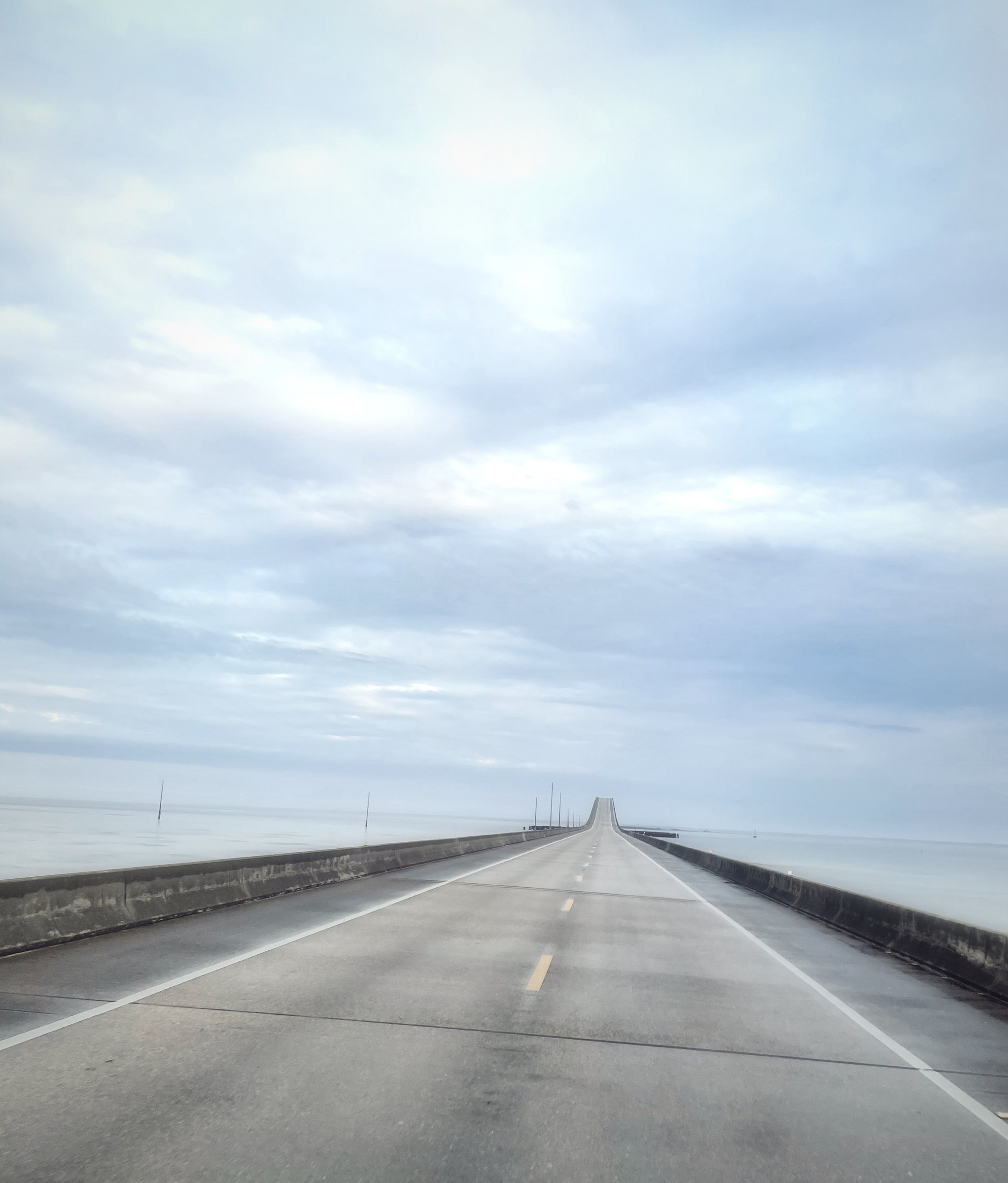 A long, empty highway bridge running straight toward the horizon under a pale cloudy sky.