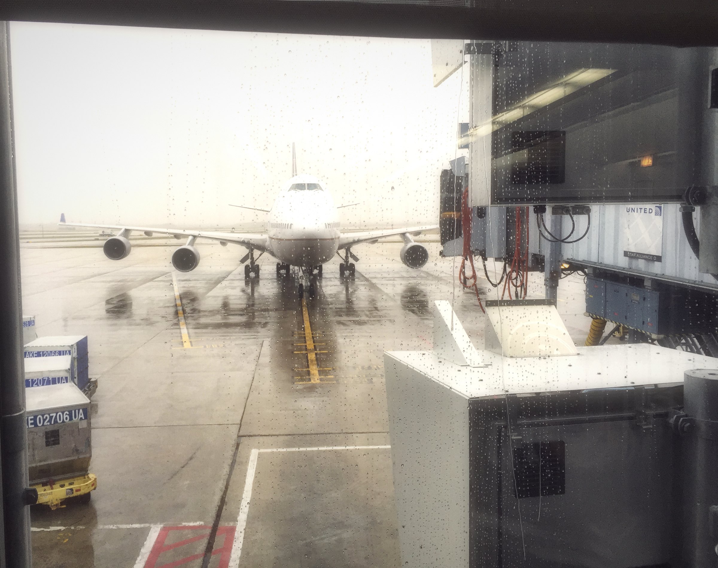 A 747 seen head-on through a rain-speckled terminal window on a wet, grey apron.