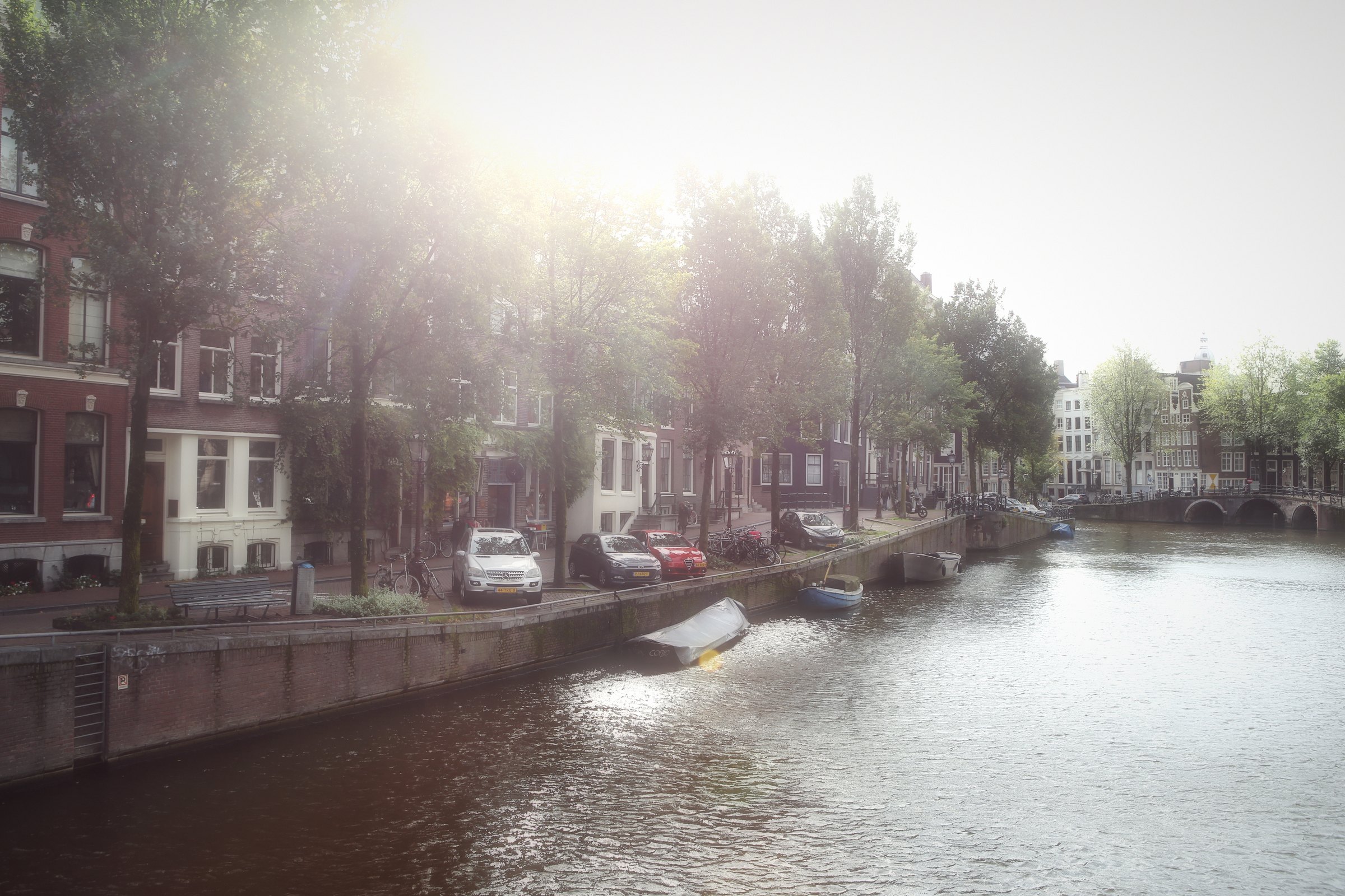 Hazy sun breaking through canal trees onto calm water and moored boats.