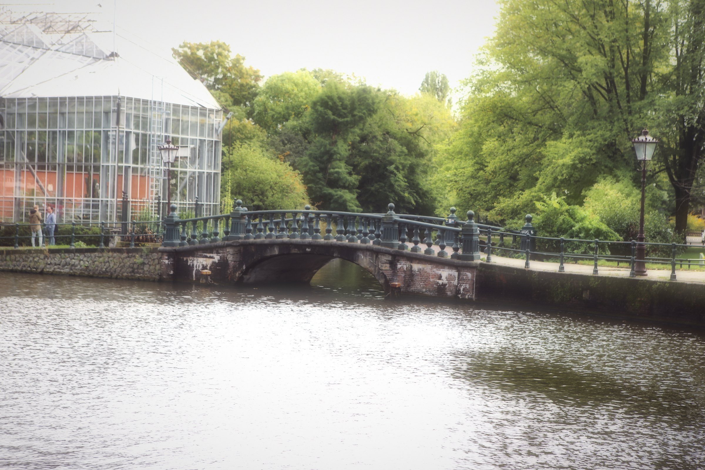 A footbridge in front of a glasshouse and trees, reflected in calm water.