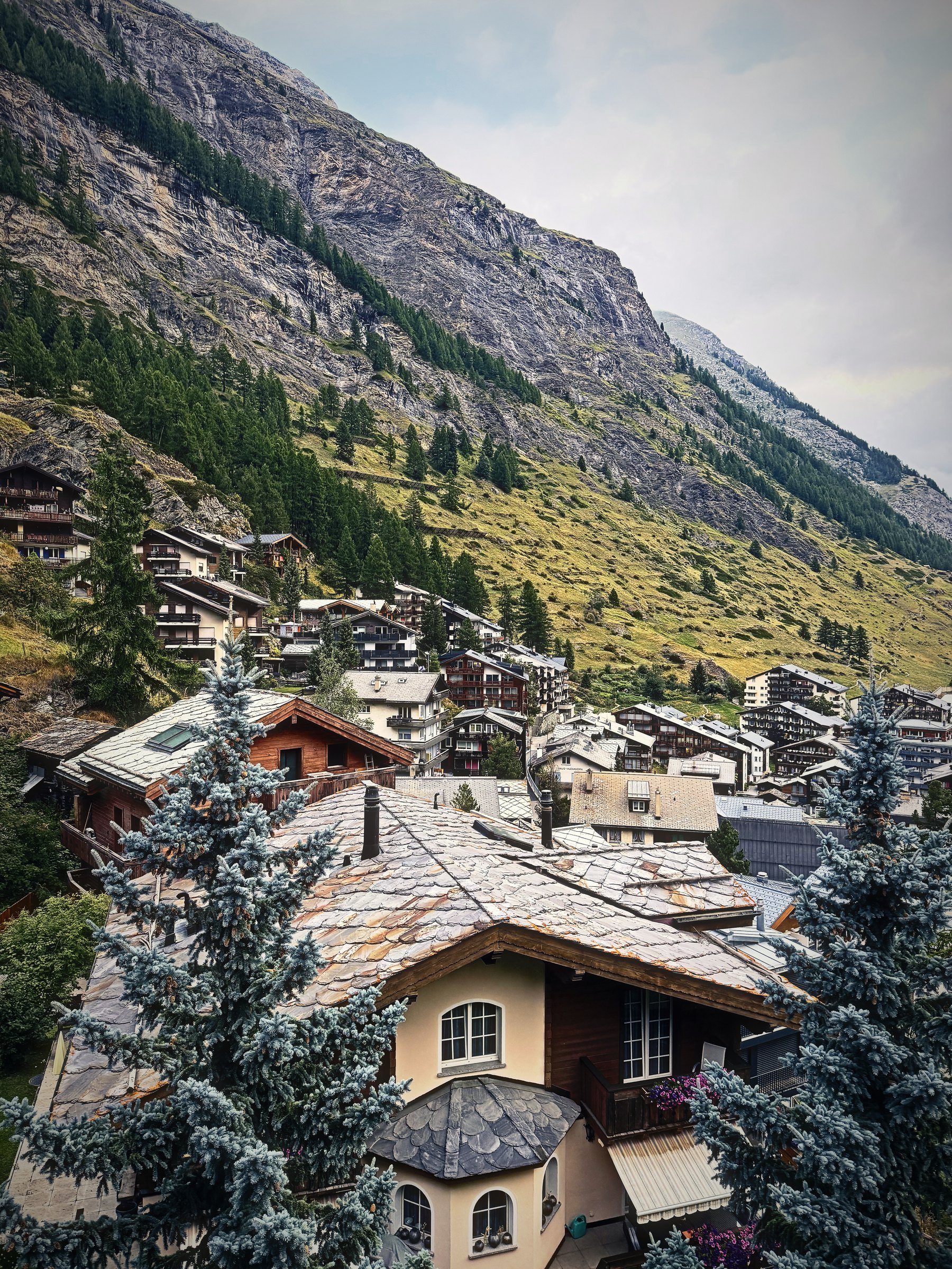 Old timber chalets with stone roofs framed by spruce and mountainsides.