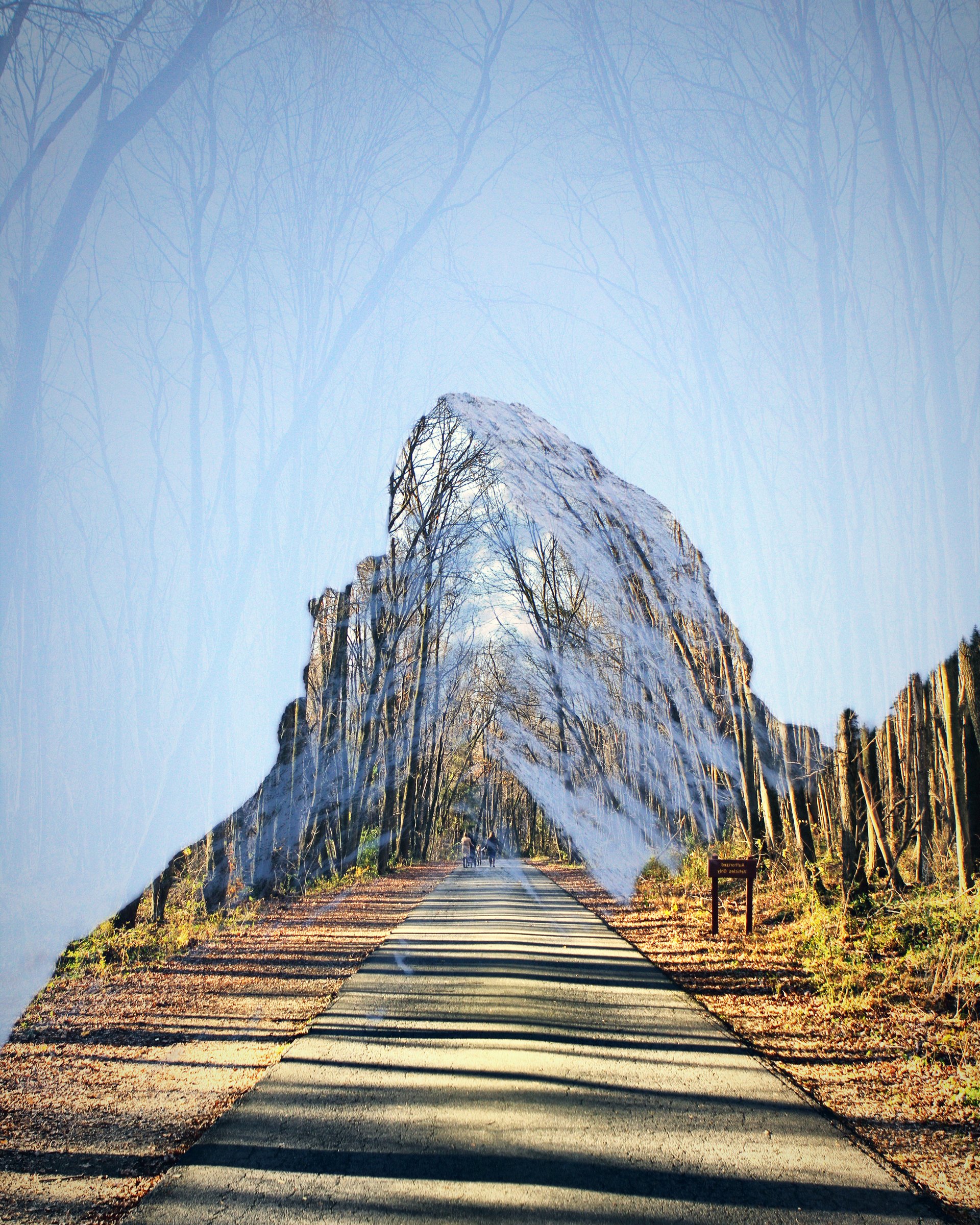 Mountain silhouette filled with a tree-lined road under a pale sky.