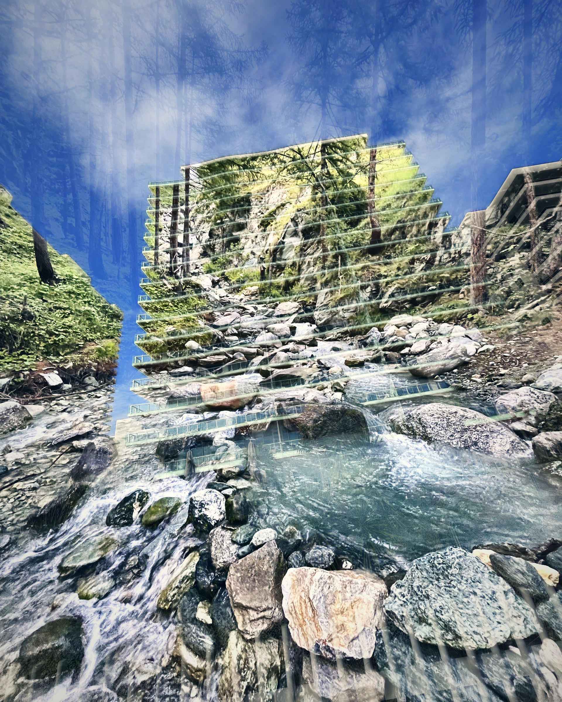 Tower block silhouettes filled with a rocky mountain stream under blue sky.