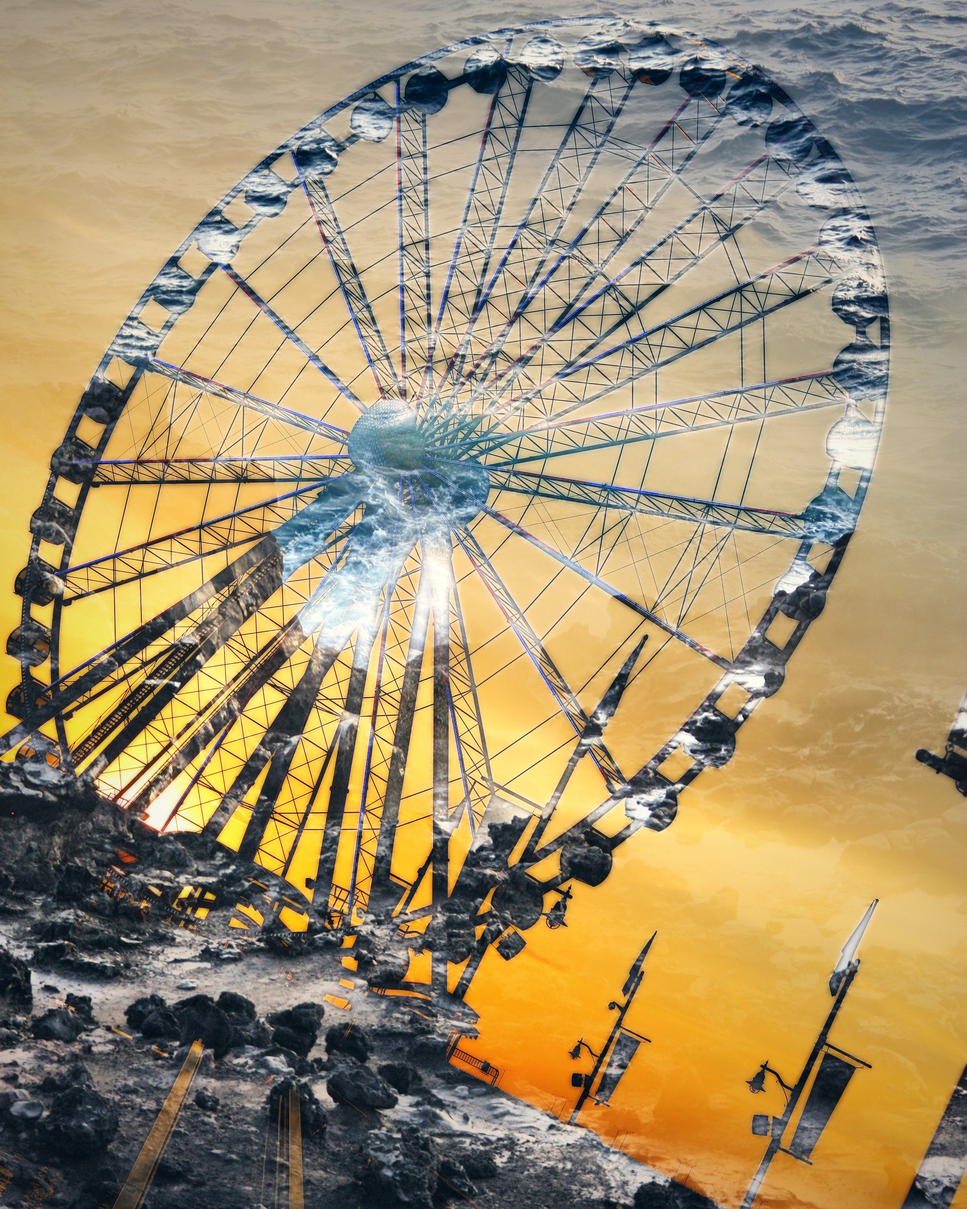 Ferris wheel filled with ocean waves against a golden sky.