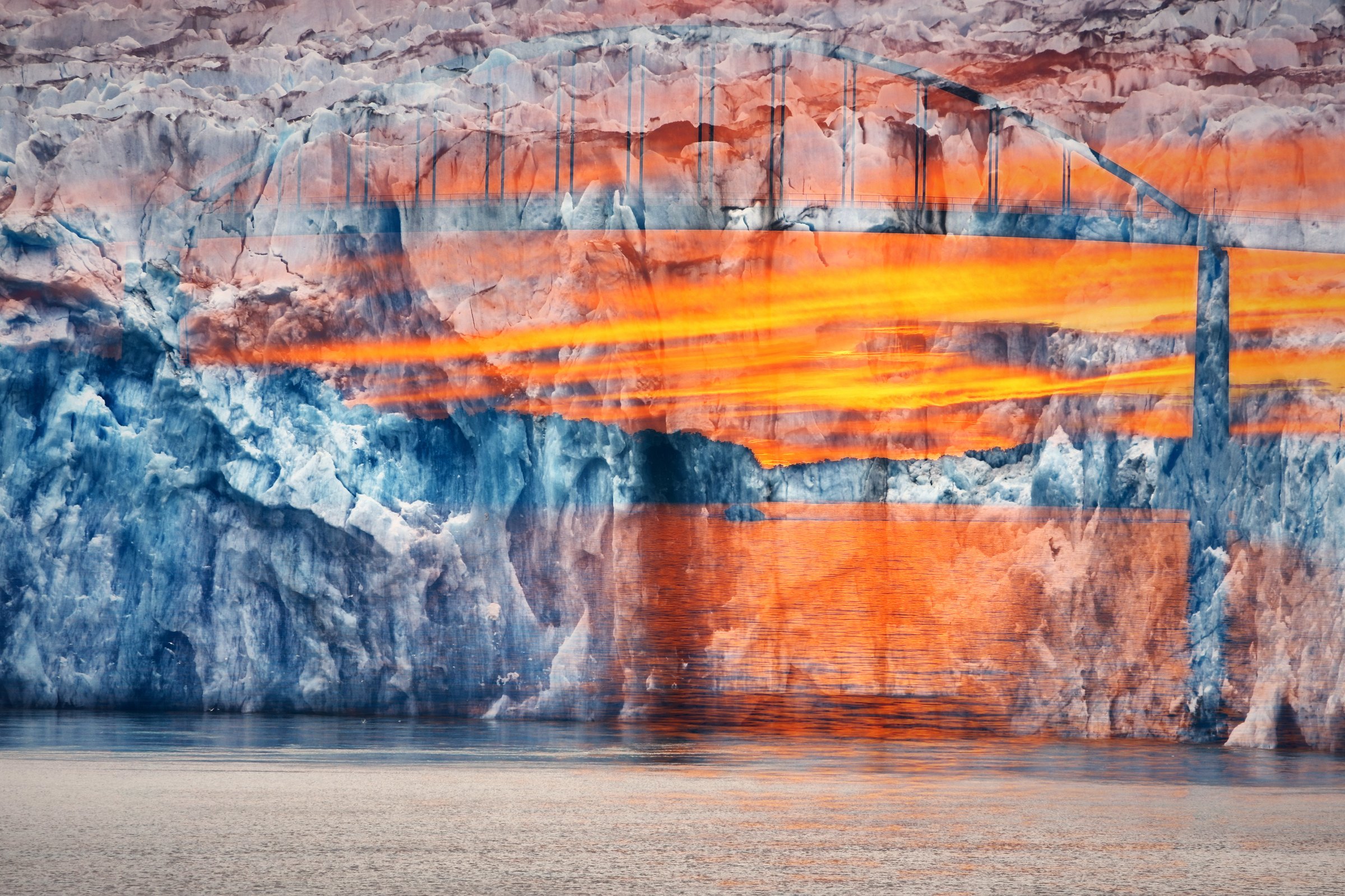 Glacier ice crossed by bands of orange sunset and bridge lines.
