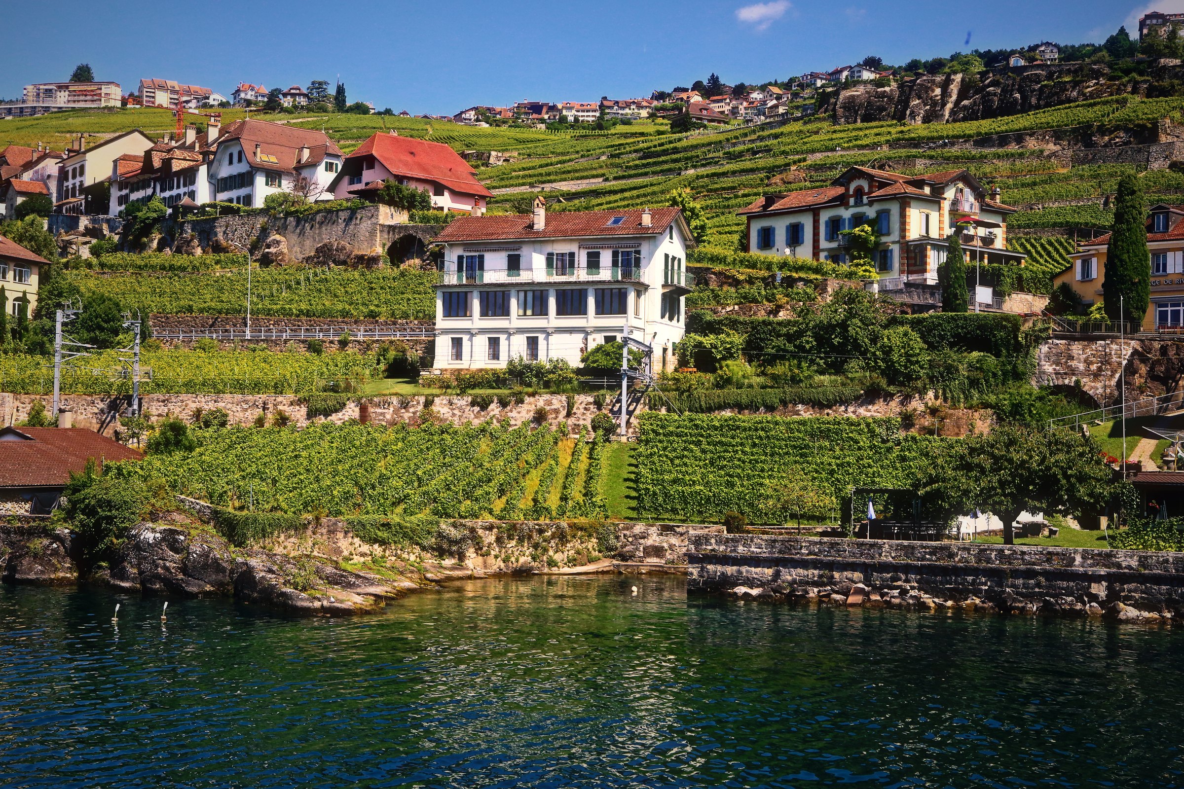 A white house and red-roofed village above stone walls and terraced vines at the water.