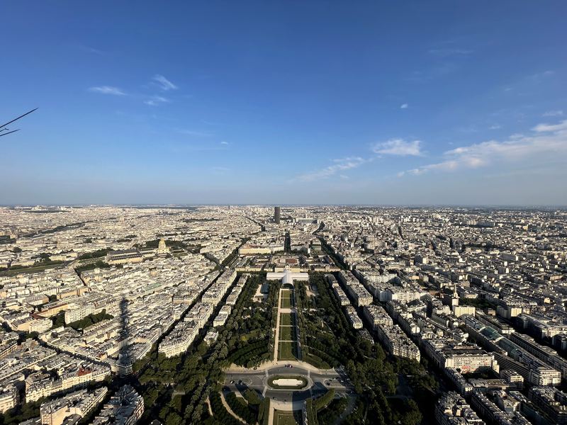 Aerial Champ de Mars parkway with tower shadow on the green.