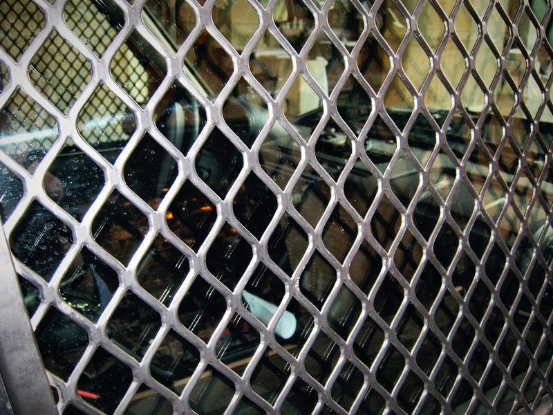 A diamond-pattern iron grille with shapes glinting behind it.