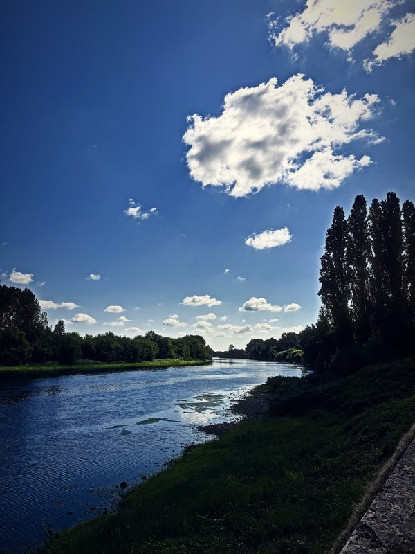 The Dordogne river curving past a grassy bank and tall poplars under a lone white cloud.