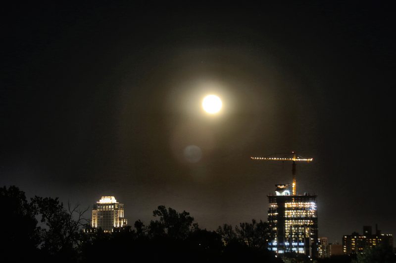 A bright full moon rising over a dark treeline and a lit tower with a construction crane strung with lights.