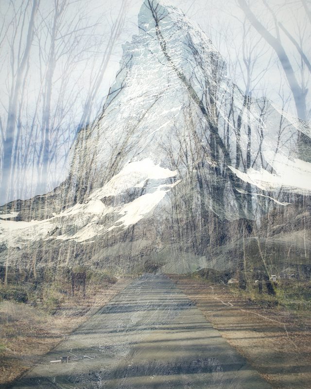 Double exposure of a tree-lined path layered over an alpine trail and snowy slopes.