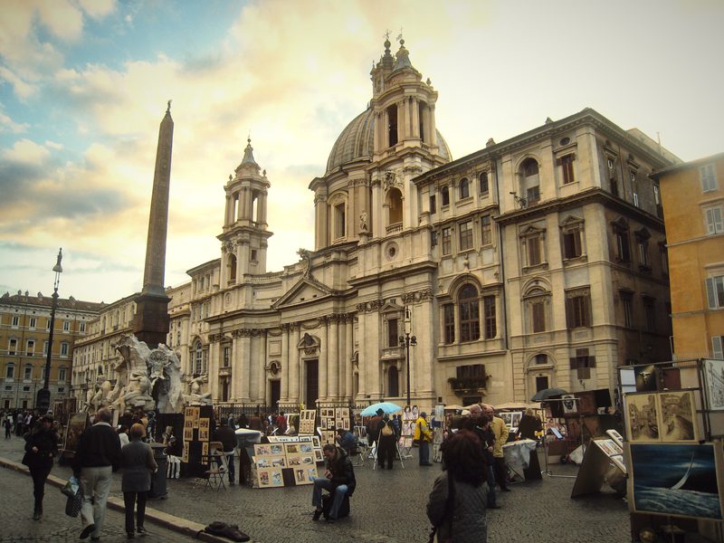 Piazza Navona with its obelisk and the domed church of Sant'Agnese in Agone.