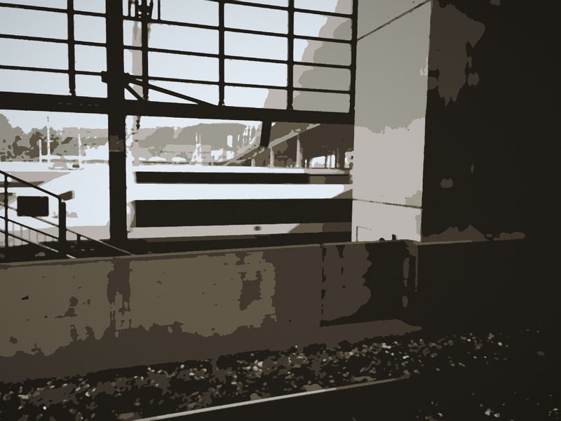 Posterized view through a window frame onto railings and platform in brown and cream.