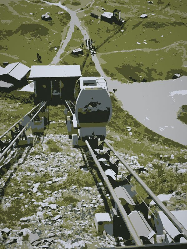 Posterized view down on a rack train winding through a green mountain slope.