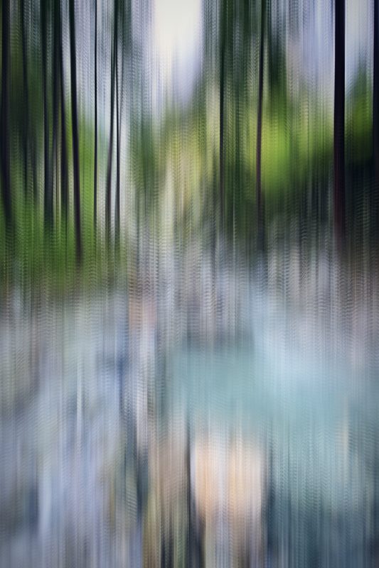Vertical streaks of pale water and dark forest.