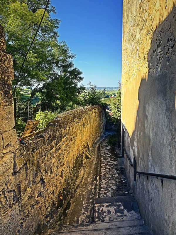 A narrow stone stairway dropping between a sunlit wall and a mossy old rampart.