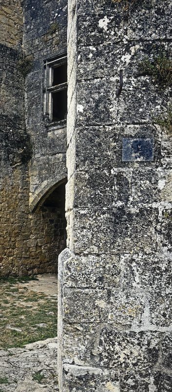 A tall weathered stone pillar of a castle ruin standing against a pale sky.