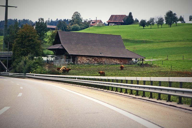 A long brown barn in a green valley below a farmhouse, beside a curving road.