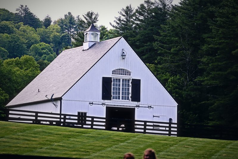 A white barn with a steep roof and cupola framed by dark green forest.