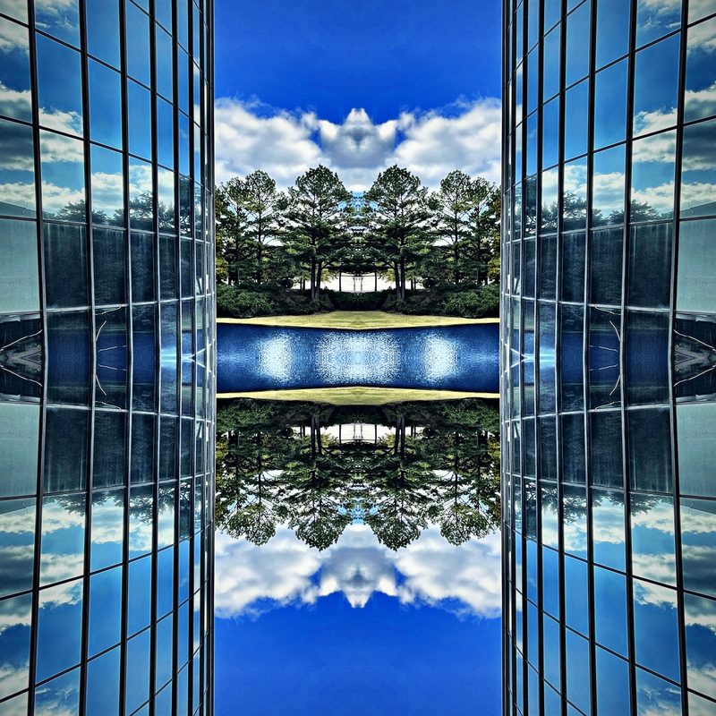 Glass towers and trees mirrored into a symmetrical blue reflection.