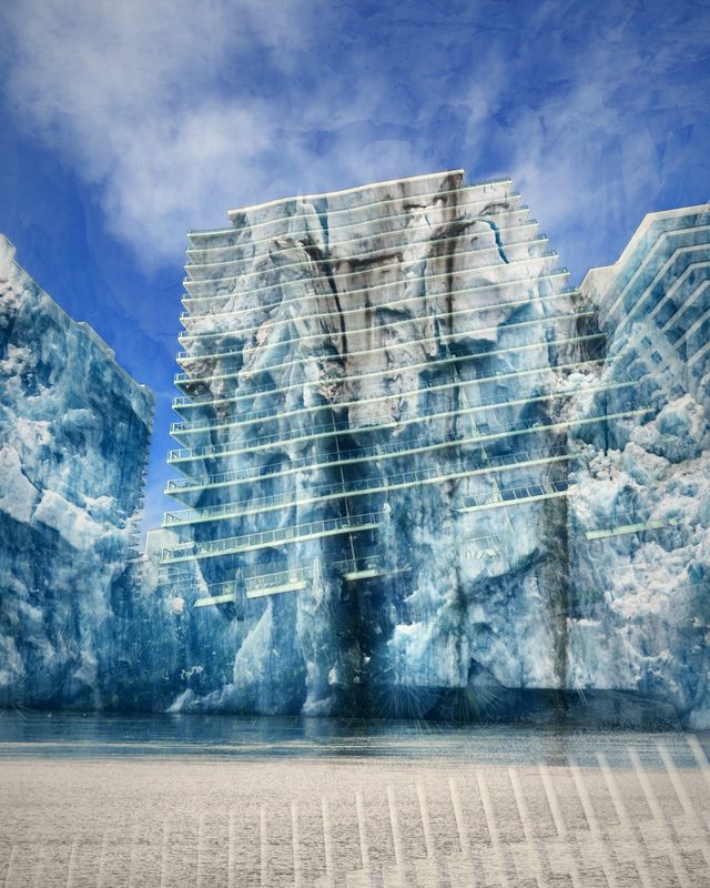 Tower blocks filled with blue glacier ice against a bright sky.