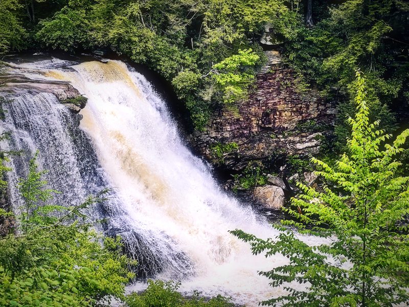 A powerful waterfall pouring over a red-brown cliff into a dark pool, framed by bright green leaves.