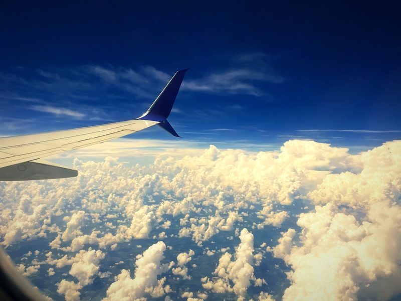 Airplane wing over rows of white summer cumulus under a deep blue sky.