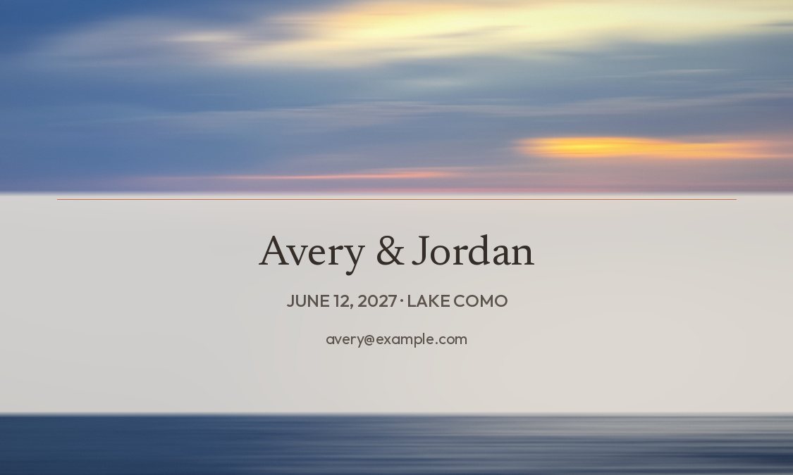 Back of the tag: the same sky above a frosted panel reading Avery & Jordan, June 12, 2027, Lake Como, with a sample email address.