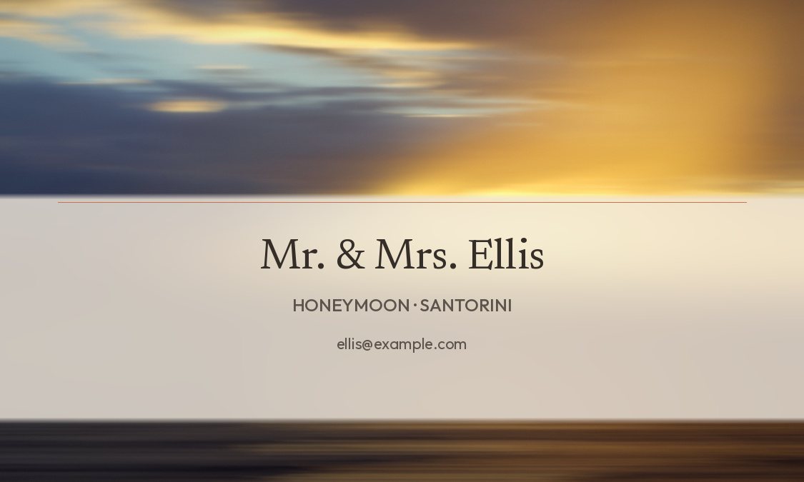 Back of the tag: a frosted panel reading Mr. & Mrs. Ellis, Honeymoon, Santorini, with a sample email address.