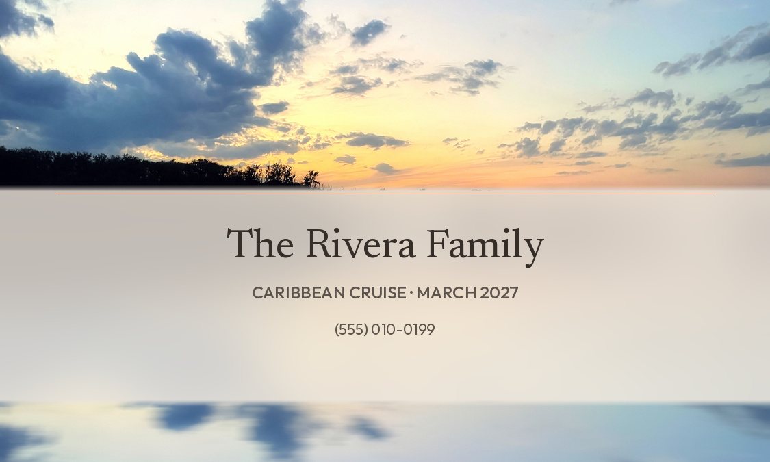 Back of the tag: a frosted panel reading The Rivera Family, Caribbean Cruise, March 2027, with a sample phone number.
