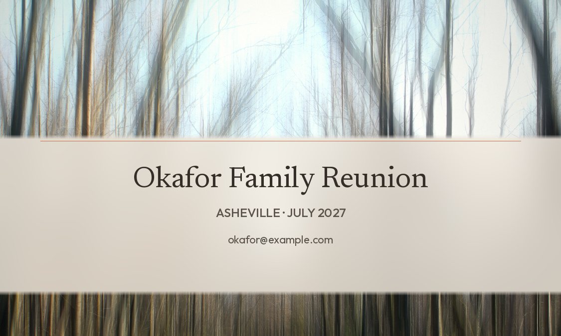 Back of the tag: a frosted panel reading Okafor Family Reunion, Asheville, July 2027, with a sample email address.