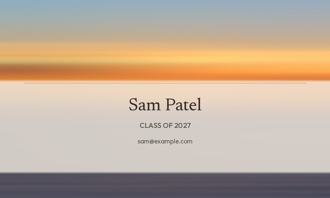 Back of the tag: a frosted panel reading Sam Patel, Class of 2027, with a sample email address.